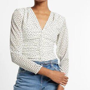 Express Polka Dot Blouse M V-Neck Long Sleeve Ruched Front Top $68